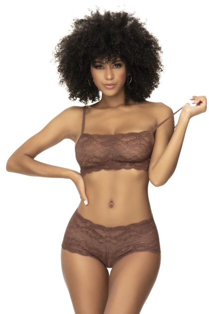 Ensemble 2 pièces en dentelle, top à bretelles et shorty couleur cacao