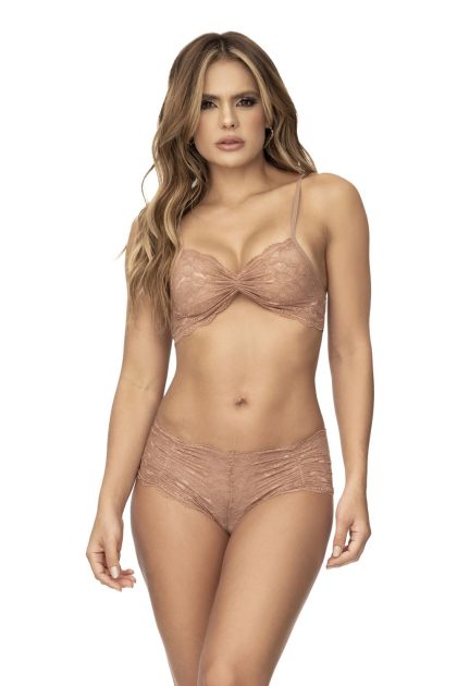 Ensemble 2 pièces, top et tanga en dentelle couleur taupe