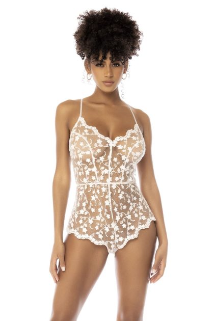 Body blanc transparent Celina avec dentelle brodée florale, bretelles ajustables