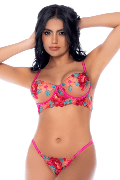 Ensemble 2 pièces résille brodée rose et bleue, soutien gorge et string