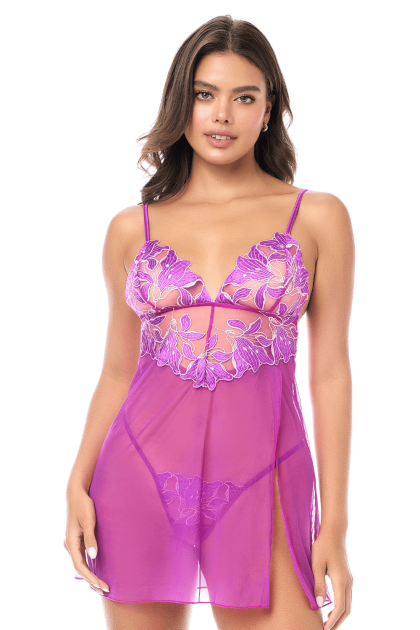 Babydoll sexy en résille brodée florale et string