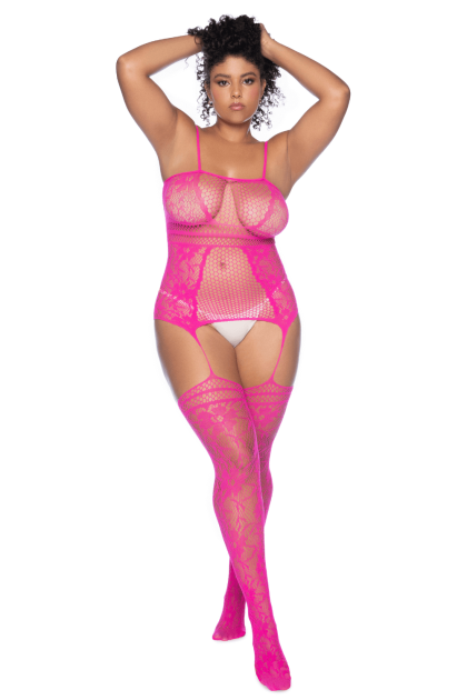 Combinaison grande taille en résille rose