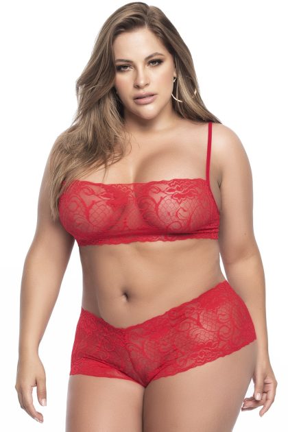 Ensemble lingerie, grande taille,  rouge top bustier et shorty dentelle